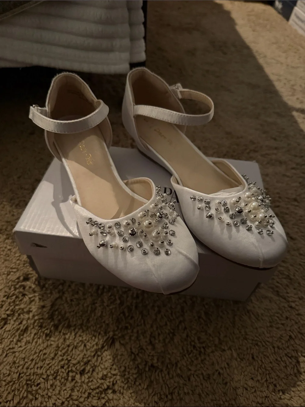 White Embellished Girls Ankle-Strap wedge dress shoe